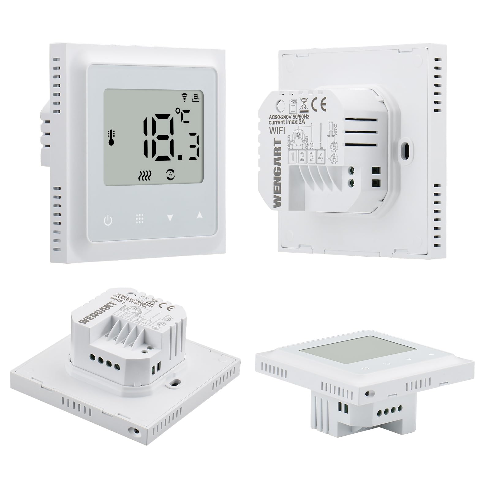 Wengart Termostato WiFi Inteligente WG011, Modo Calor/Frío para Suelo Radiante Y Aerotermia, Detección De Ventana Abierta, Compatible con Tuya Smart Life, Alexa Y Google Home, AC230V 3A, Blanco
