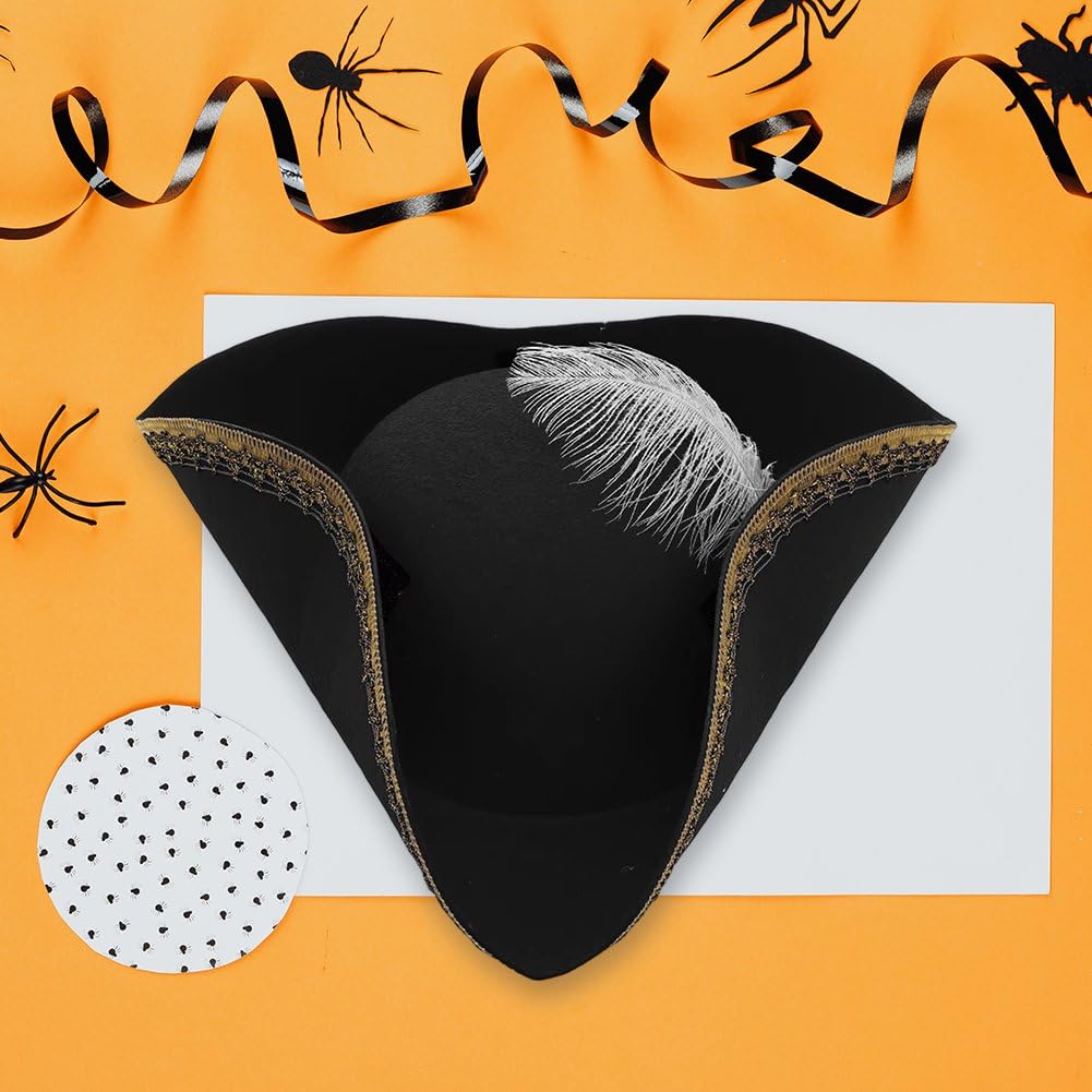 Ericetion Tricorn Pirate Hat with Feather, Buccaneer Colonial Hat for Adults Renaissance Costume for Fancy Dress Costume Accessory - Image 7