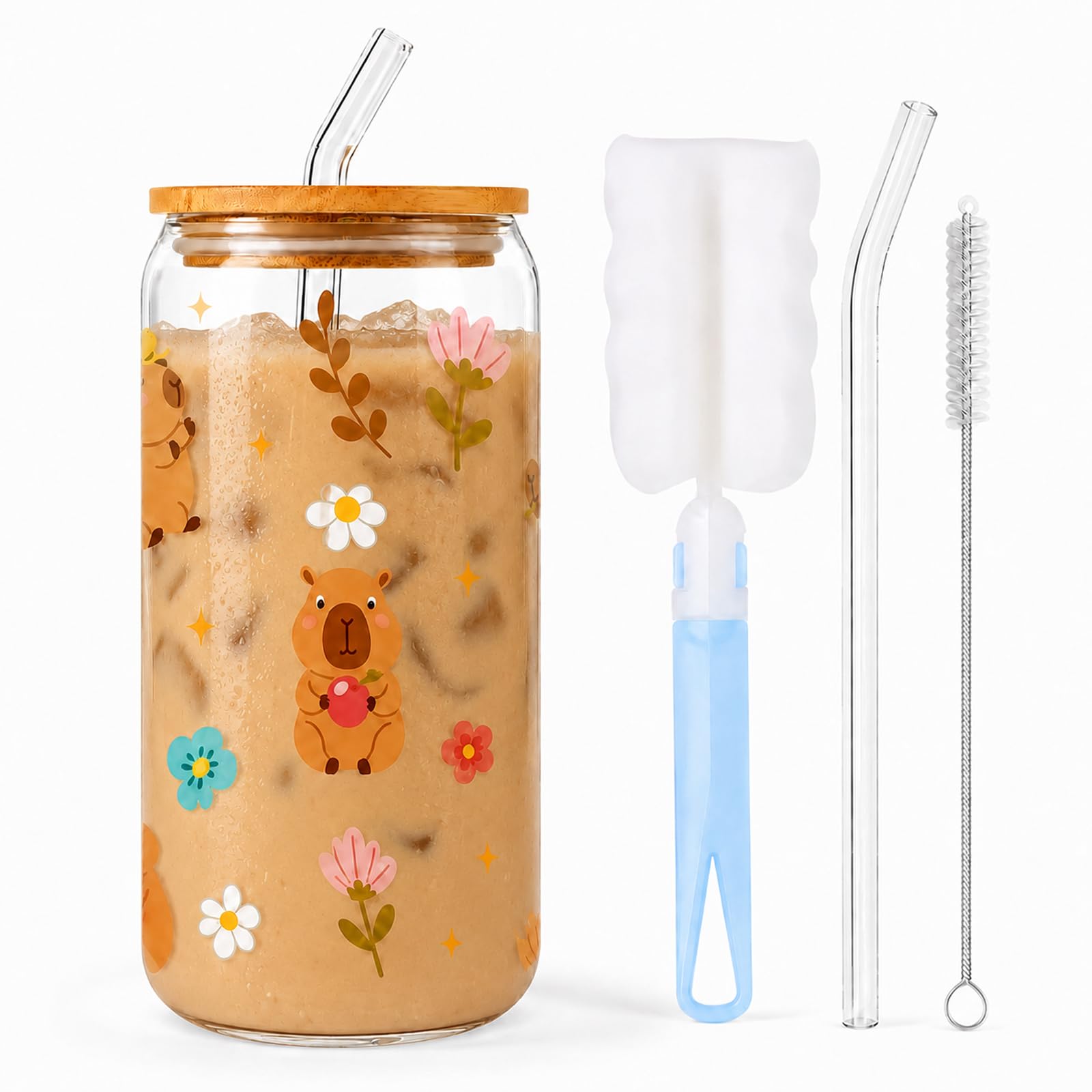 Capybara Iced Coffee Cup, 16oz Clear Glass Tumbler with Lid and Straw, Cute Drinking Glasses for Cocktail Coffee Coke Soda, Capybara Gifts for Girls Friend Sister Daughter Birthday Christmas (Style A)