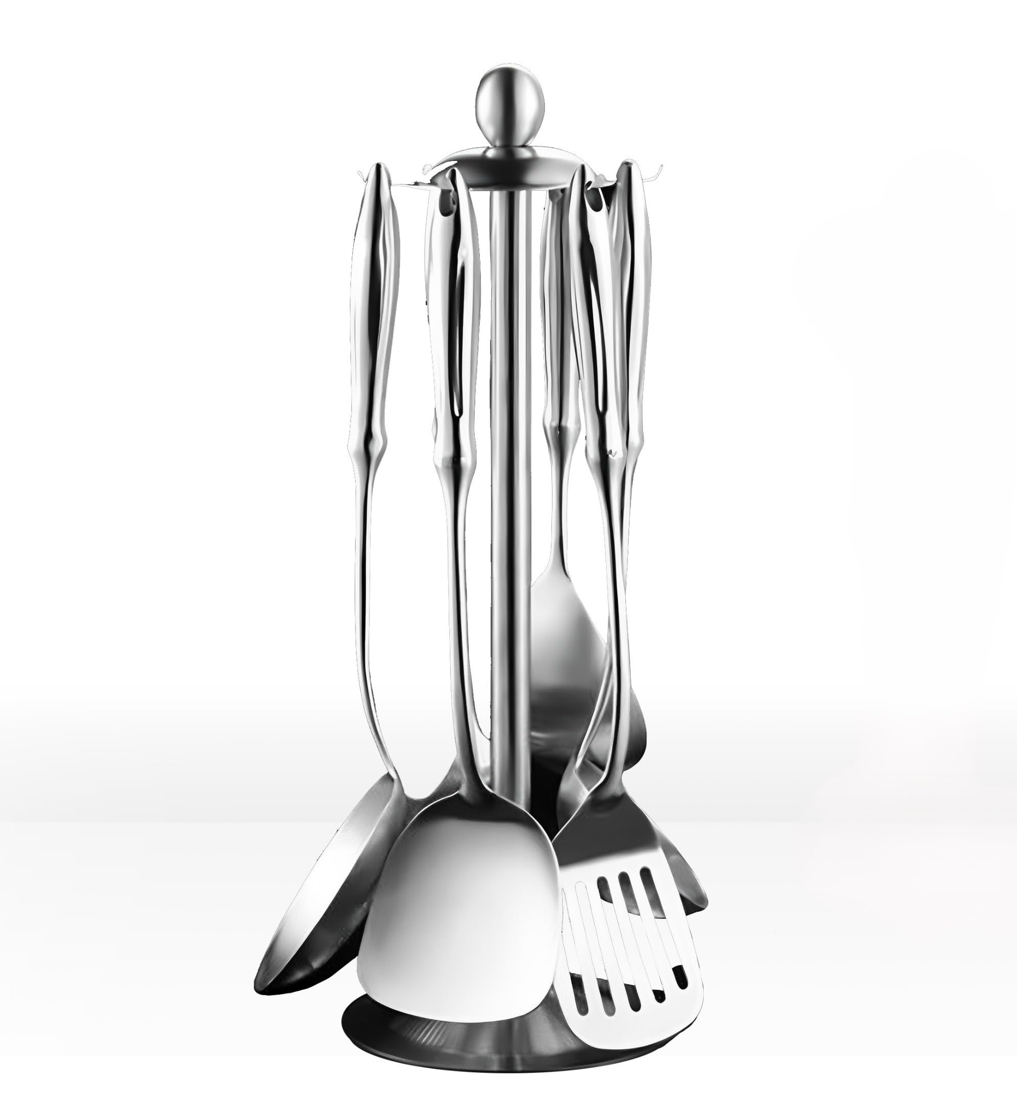 BeramHonor Cooking Utensils Set, 304 Stainless Steel, 6 Pieces, Soup Spoon, Spatula, Slotted Turner, Rice Scoop, Pasta Server, Skimmer, Food Grade, Kitchen Tools