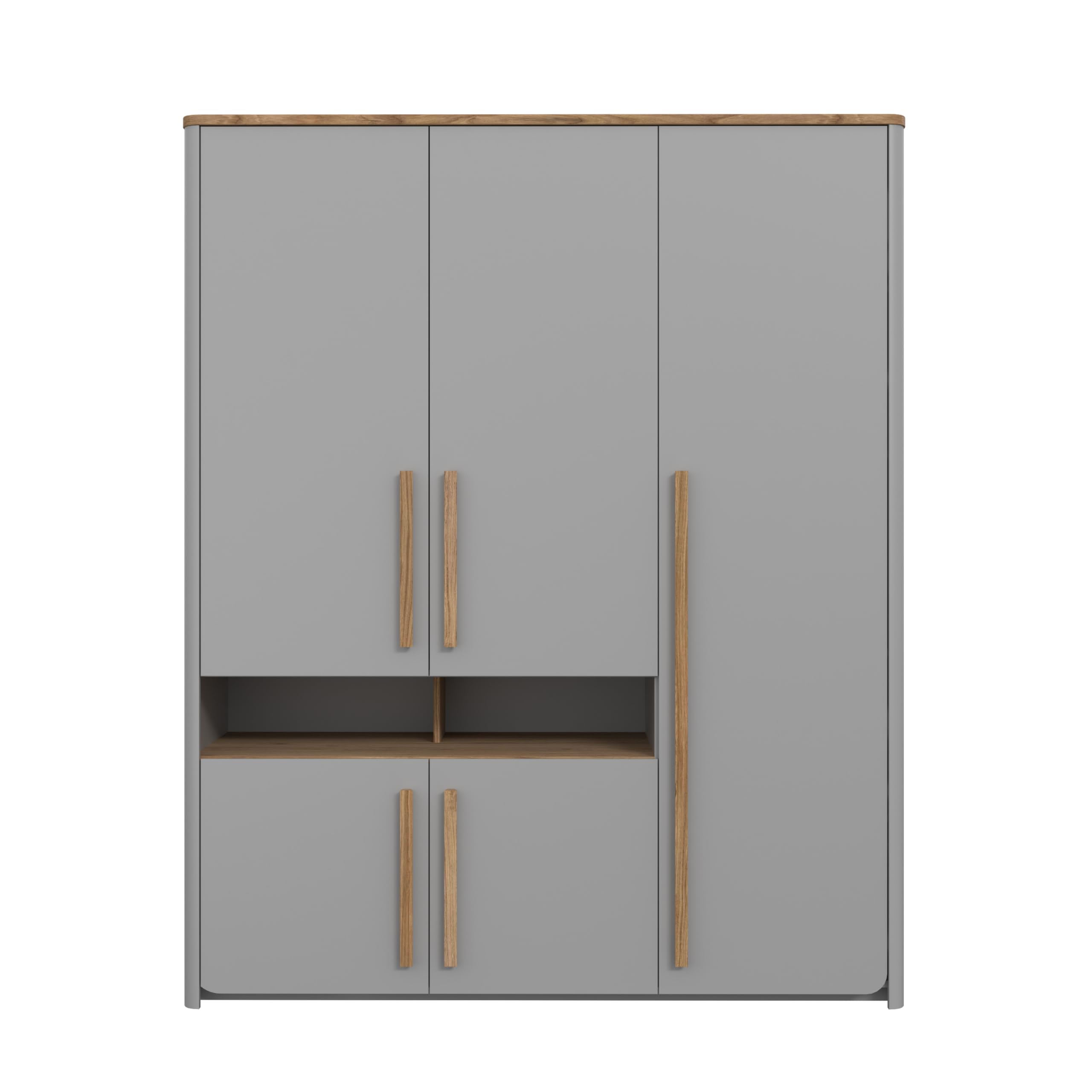 FORTE SURFINIO Schrank 150 160, Kleiderschrank, Jugendzimmerschrank, Kinderzimmer Skandinavisch Drehtürenschrank, 5-türig, Grau/Holzdekor: Catania Eiche, 158 cm breit x 194.3 cm hoch x 59 cm tief