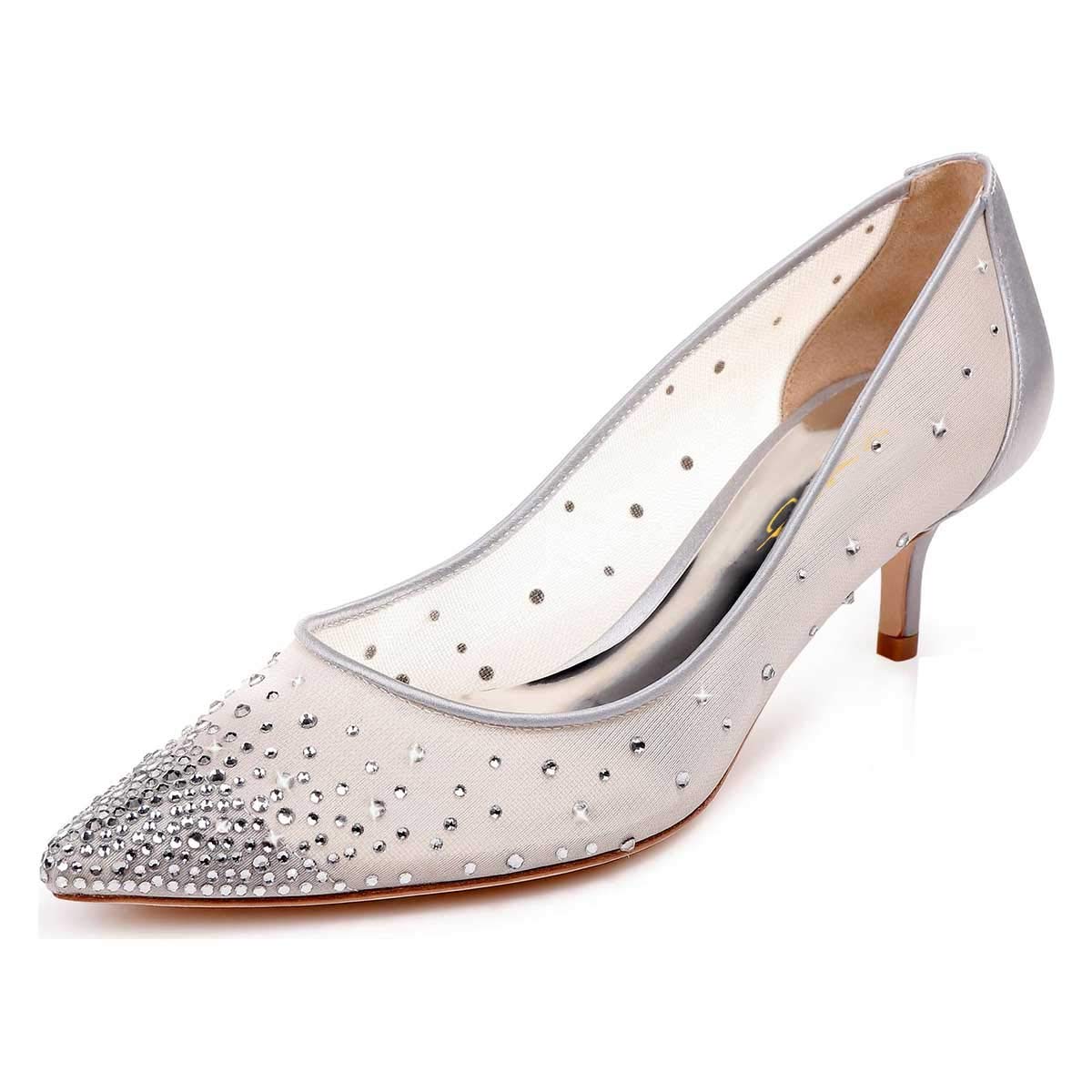 XYD Women Mid Low Heels Pumps Sheer Mesh Crystal Studs Closed Pointed Toe Sexy Bridal Party Mother Shoes