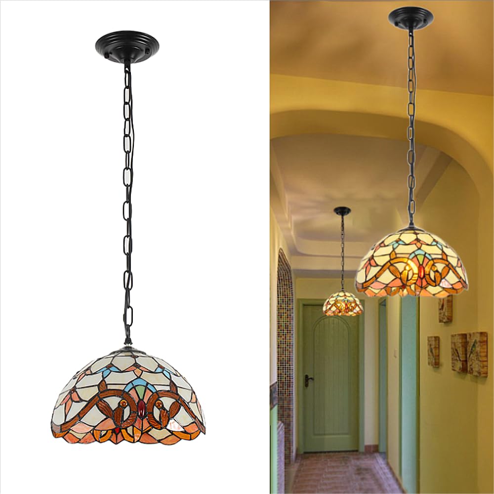 XINYASEE Vintage Tiffany Pendant Light, Glass Light Shade, E27 Socket, Height Adjustable Ceiling Hanging Light Fixture for Kitchen Island and Dining Room (Baroque, 30CM)