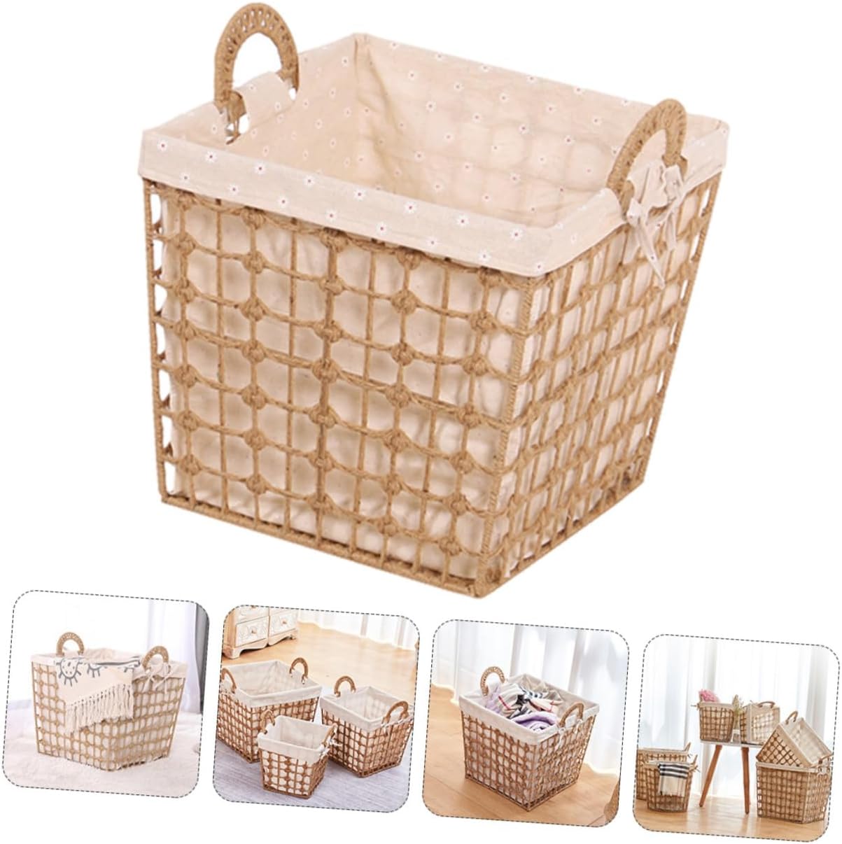 Portable Multi-purpose Laundry Basket Small Square Woven Rope Dirty Clothes Storage Bin for Bathroom Bedroom Living Organizing and Blanket Holder