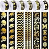 Juinte 60 Yard Black and Gold Homecoming Mum Ribbon, 7/8' Wide Football Satin Ribbon Roll for Gift Wrapping Homecoming Mum Supplies Football Party Favor Cheerleaders Decorations