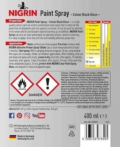 NIGRIN Lackspray, 400 ml, schwarz glänzender Autolack, schützt Felgen und Karosserie vor Rost, schnell trocknend