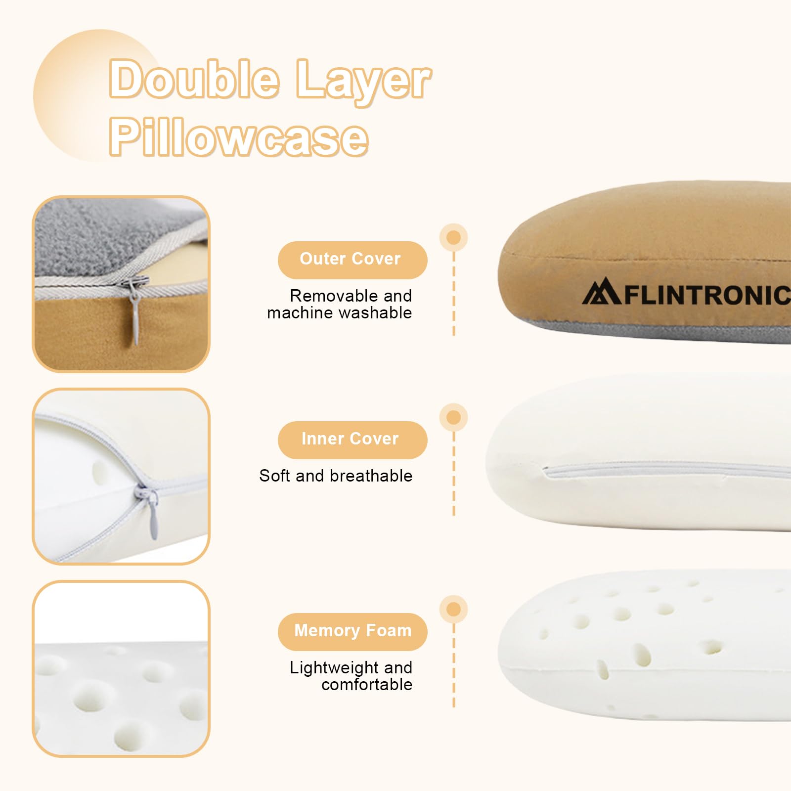 flintronic Almohada De Espuma Viscoelástica para Camping, Almohadas De Espuma Viscoelástica de Rebote Lento, Almohada de Viaje Portátiles, para Camping, Coche, Playa, Oficina (Marrón)
