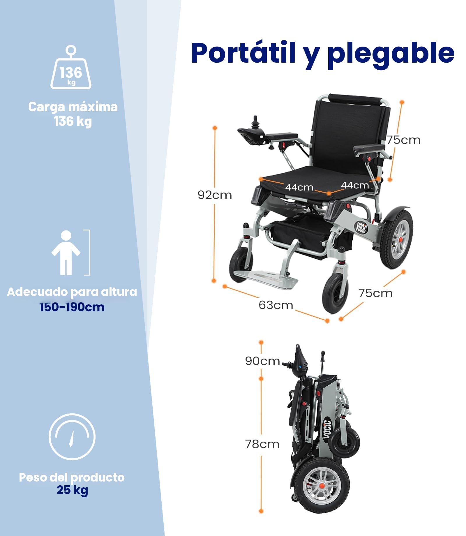VOCIC V62 Silla de ruedas electrica plegable ligera 25KG | Sillas electricas de doble batería 136KG,25KM aluminio electric wheelchair para todos los terrenos,Aprobado por la aerolínea