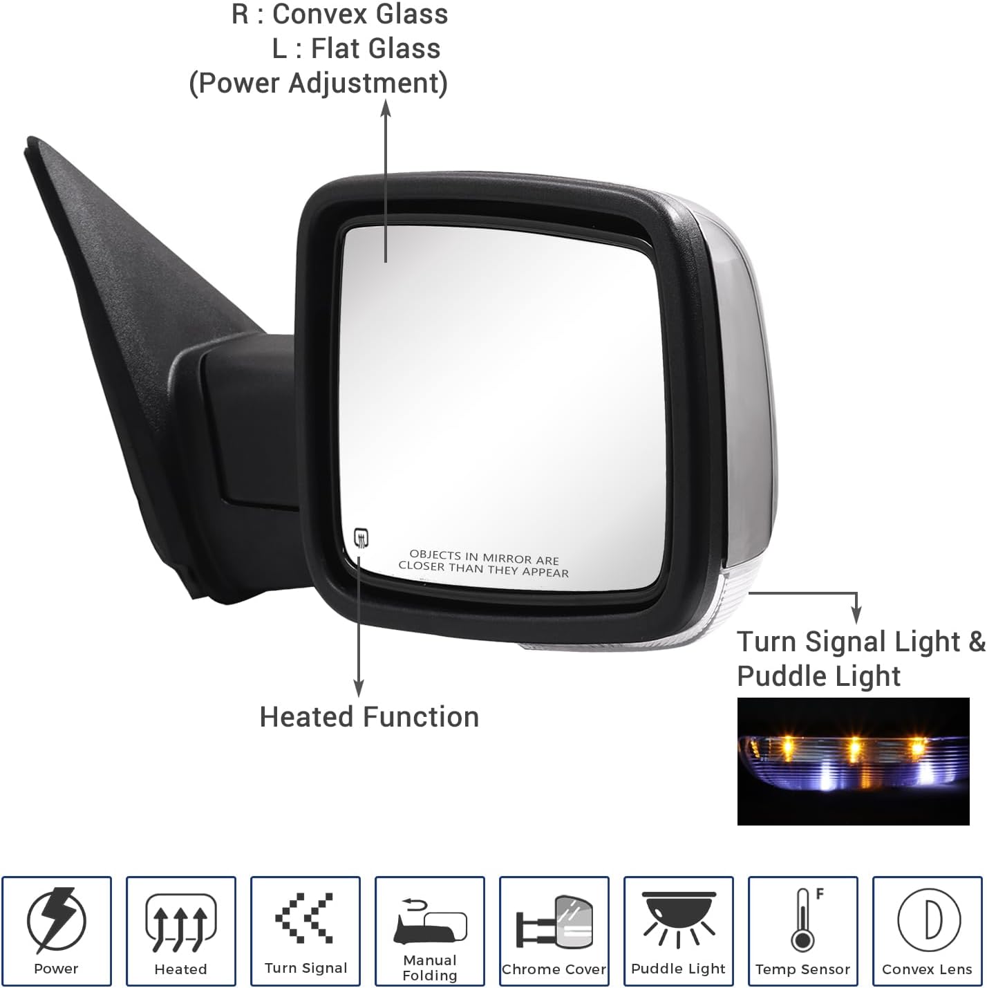 Side Mirror Compatible with Towing Mirror 2009-2018 Dodge Ram 1500 2010-2018 Dodge Ram 2500 3500 4500 5500 with Power Adjustment Heated Turn Signal temperature sensor Manual Folding One Pair(Chrome)