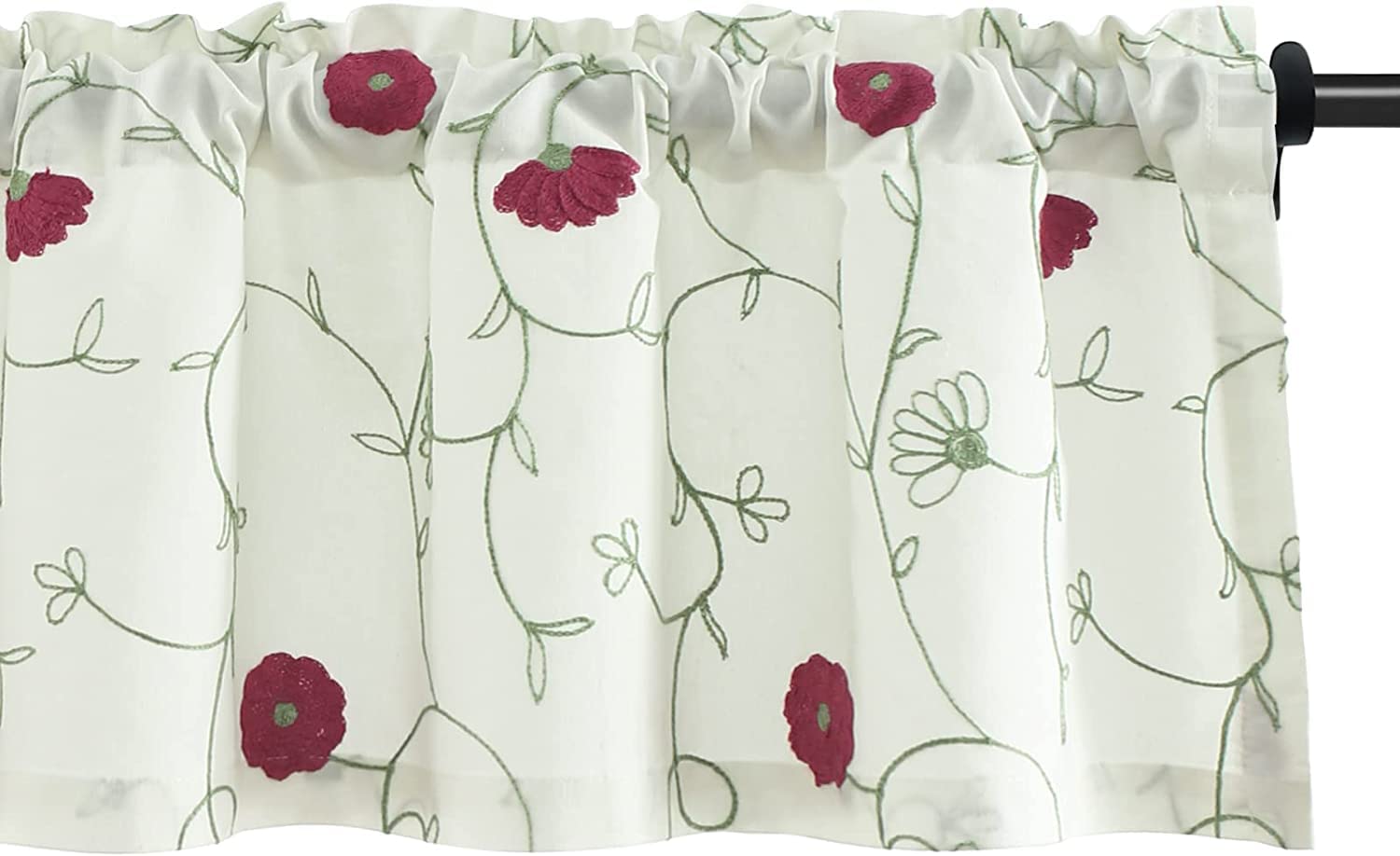 VOGOL White Valances for Small Windows Flowers Embroidered Window Valances for Kitchen Living Room, Rod Pocket, 52 x 18 Inches, Red Flowers, One Panel — image 1