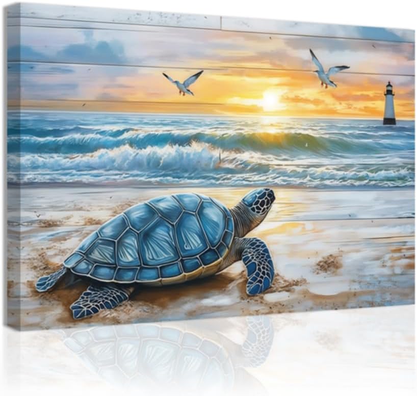 QIXIANG Sea Turtle Bathroom Wall Decor Beach Canvas Painting Art Ocean Lighthouse Picture Coastal Lakeside Cabin Decor Framed(Blue,16L x 24W)