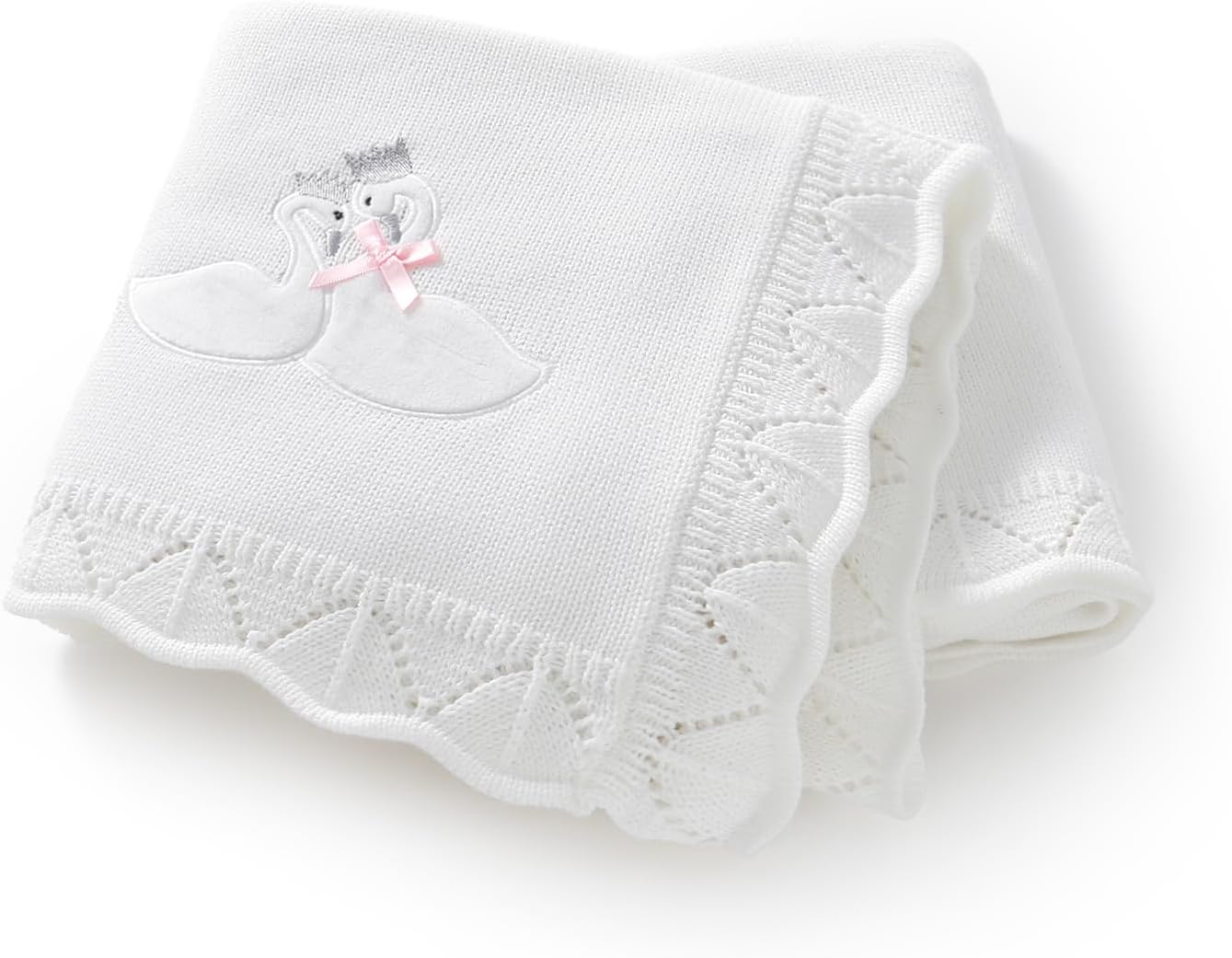 LAWKUL Cotton Baby Blanket for Girls Boys Crochet Knit Neutral Blankets Crib Nursery Receiving Swaddle with Cute Embroidered, 31.5x40 Inch (White)