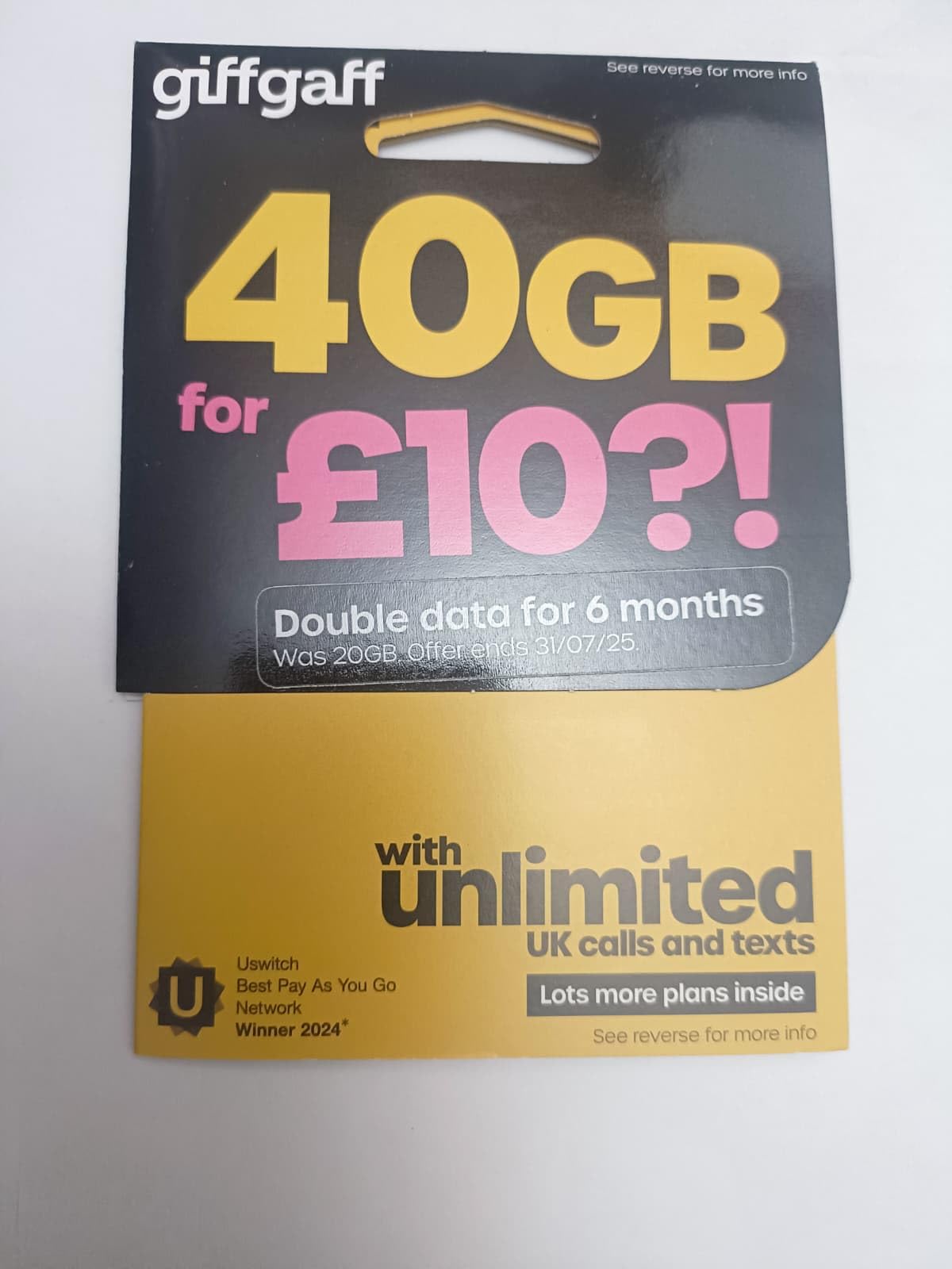 ZIDIORgiffgaff Pay As You Go SIM Card, £10 Bundle Includes 40GB Data, Unlimited UK Calls & Texts, 30-Day Plan, 5G Ready