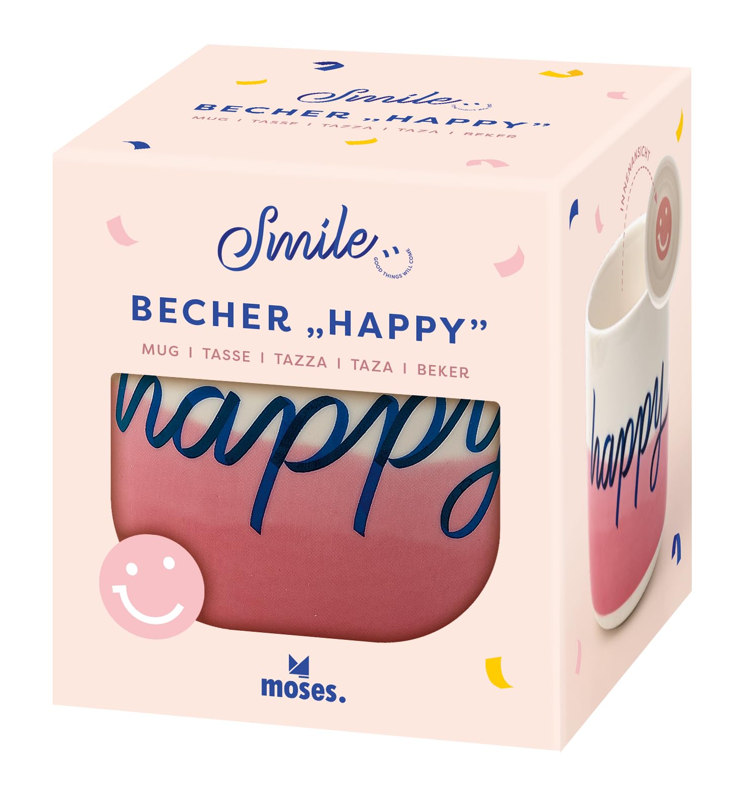 moses. Tazza Smile moderna in ceramica senza manico con stampa interna ed esterna, tazza in ceramica con sfumatura Dipdye, lavabile in lavastoviglie, adatta al microonde, capacità 300 ml