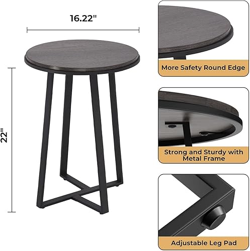 Miniatura 2 de Mesa auxiliar redonda Dorriss, mesa lateral pequeña de color gris con tapa de MDF, estructura metálica negra, mesa auxiliar alta para dormitorio,