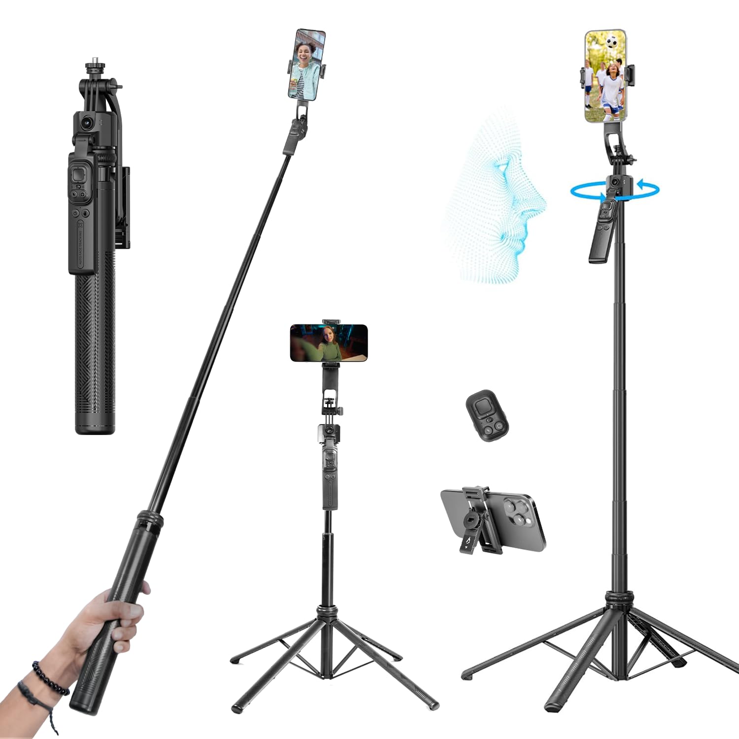 HIFFIN H8 AI-Powered 360° Auto Face Tracking Selfie Stick Tripod | 63-inch/160 cm Long Aluminium Extension Stand for Mobile & Camera | Quad-Leg Stability, Auto Rotation for Vlogging & Shooting-picture-32