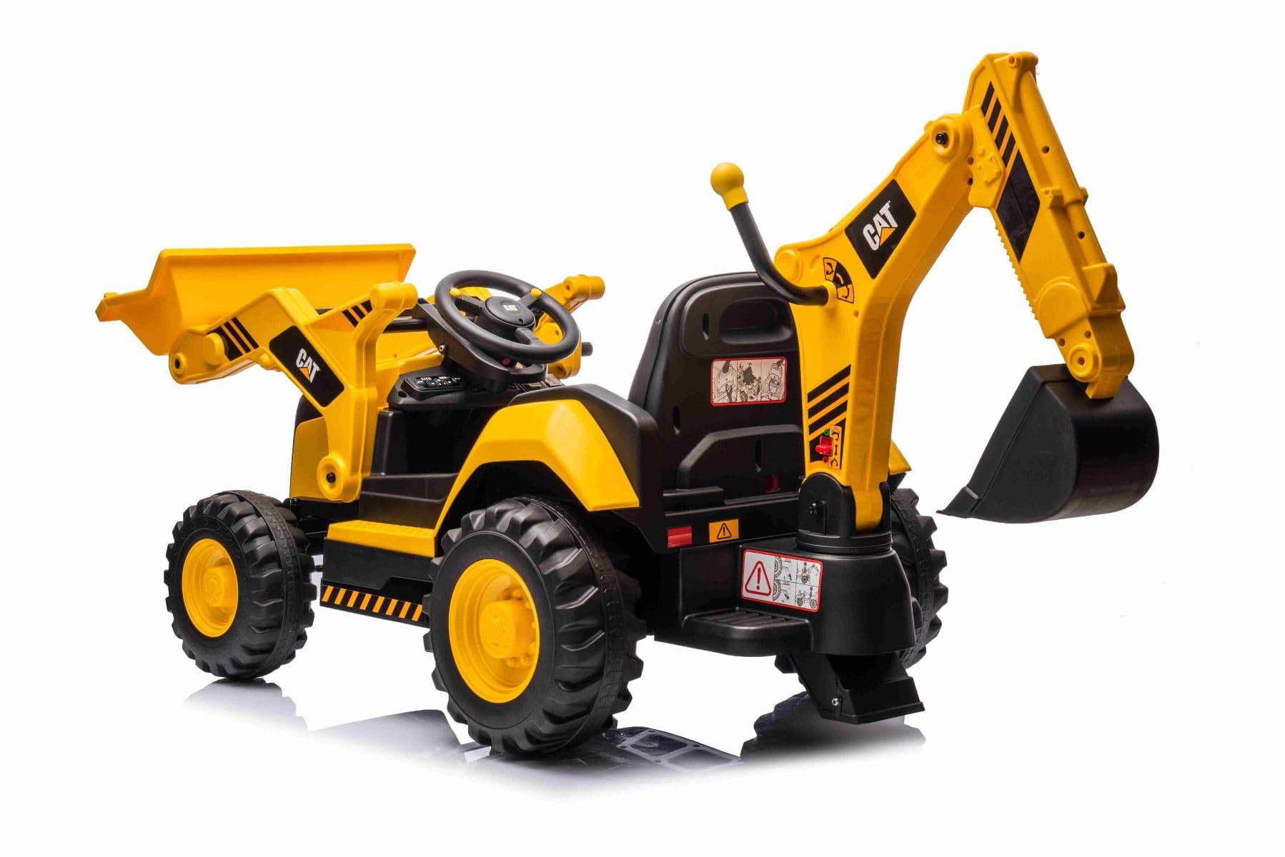 Lizensierter Caterpillar Elektrobagger mit Hang- und Grabschaufel, Einzelsitz, Gelb, USB-Anschluss am MP3-Player, Heckantrieb mit 2 x 30W Motoren und Lithium-Batterie