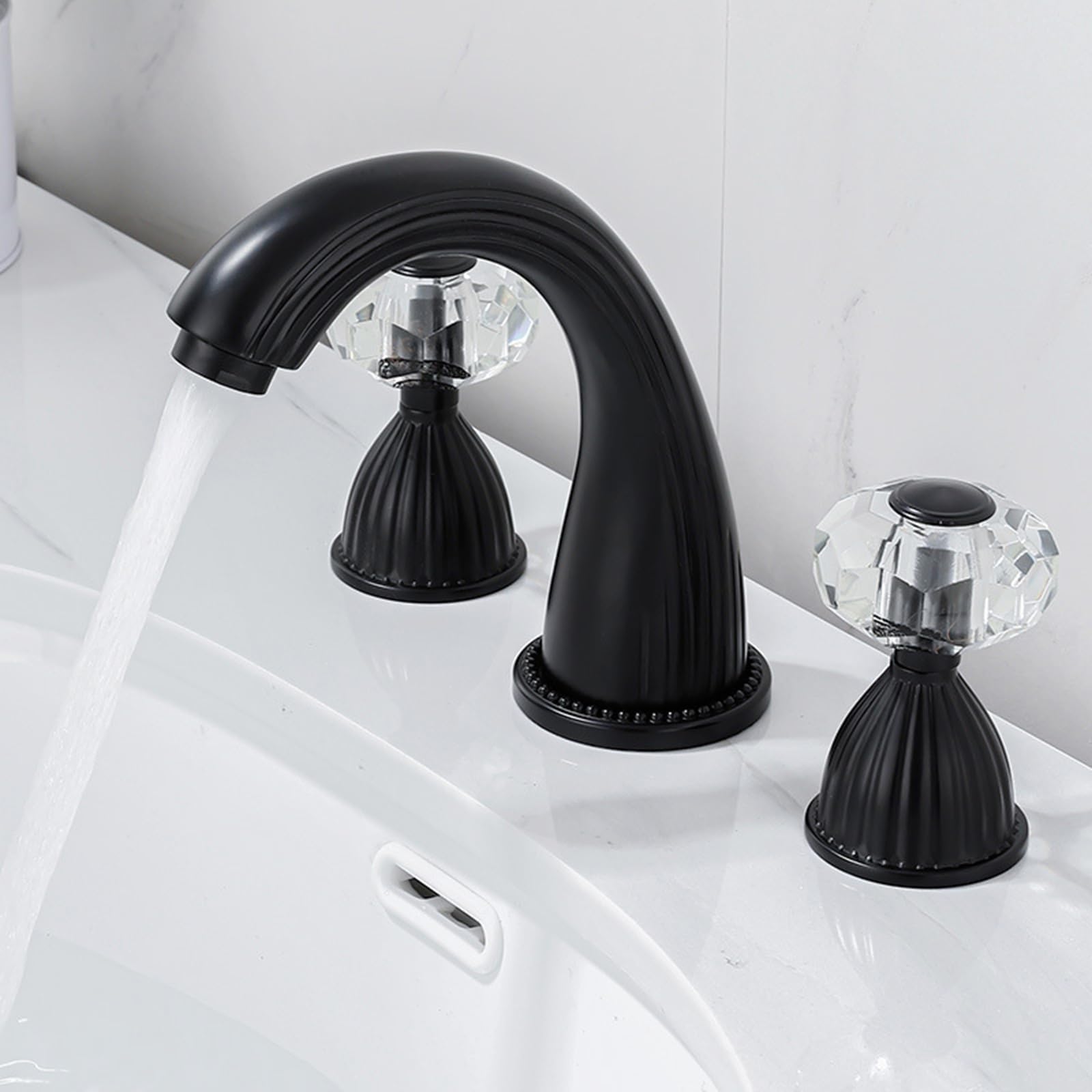 FQWNCIEG 3 Hole Taps for Bathroom Basin Crystal Handle Gooseneck Bathroom Basin Mixer Tap Brass Two Handle Tap,Black