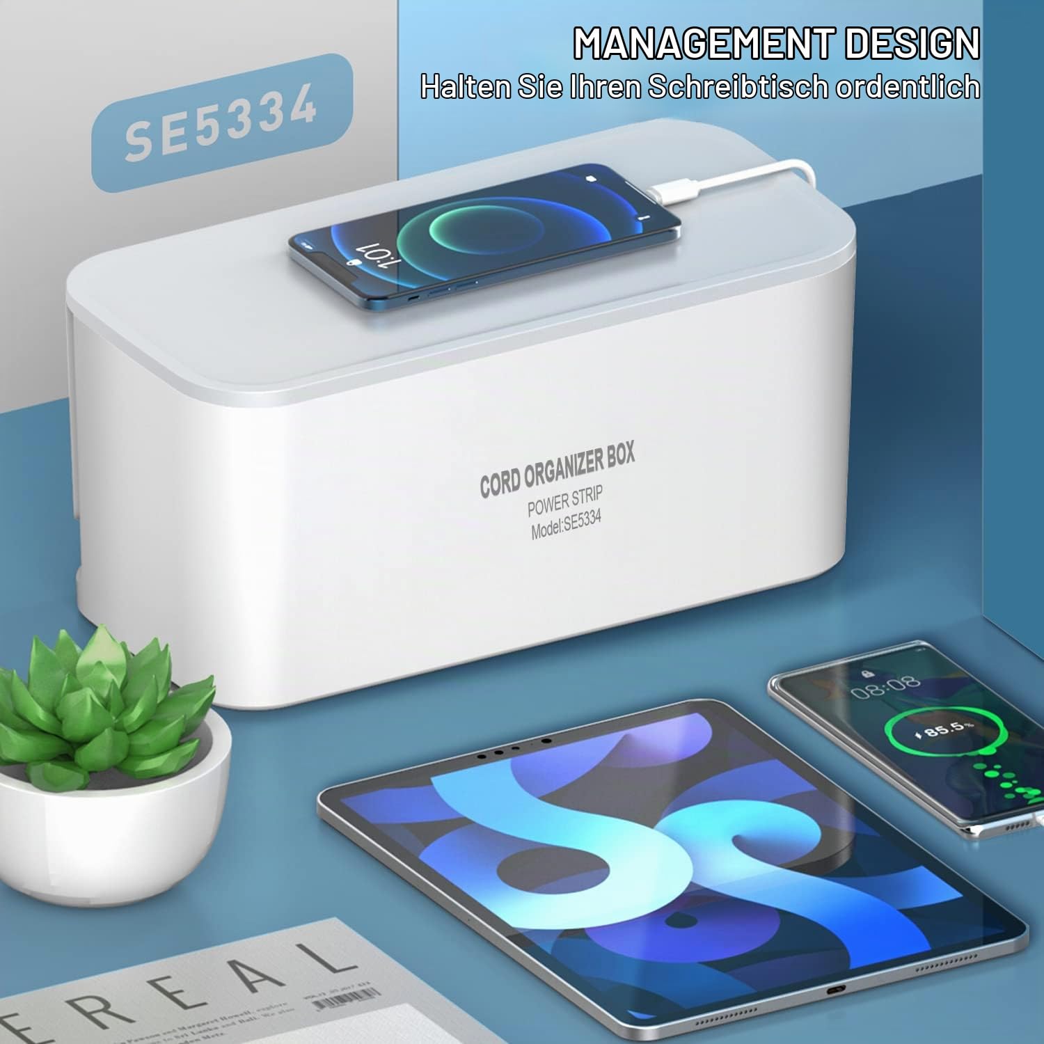 Kabelbox mit Steckdosenleiste USB C Überspannungsschutz 5-Fach Mehrfachsteckdose mit 3 USB Ladeanschlüsse, Kabel Organizer Box Steckdosenadapter, 29,5 x 14 x 14 cm, 5m Kabel, Weiß