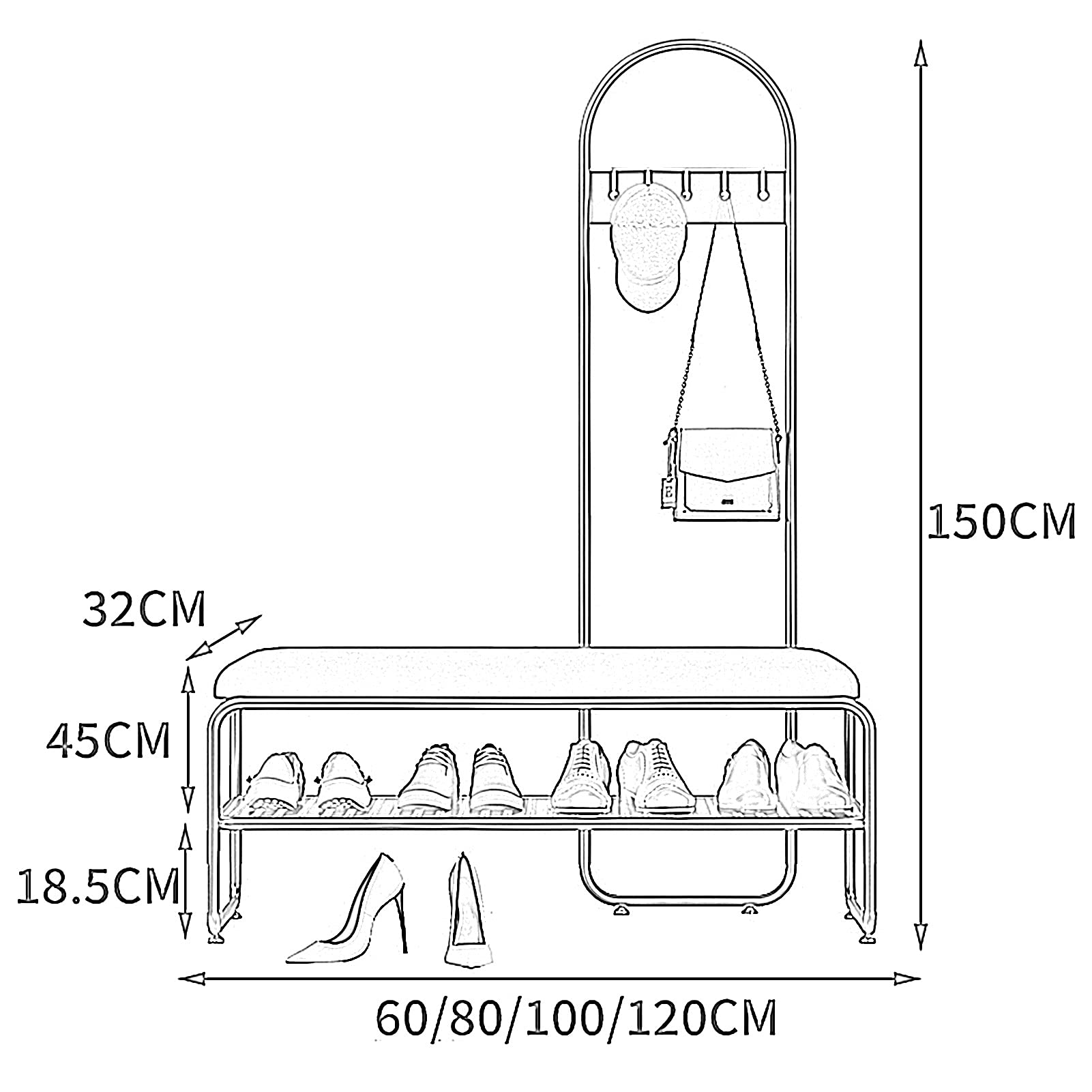 XINGLL - Appendiabiti in metallo antiruggine con panca, versatile, per ingresso, camera da letto, ufficio, perfetto per indumenti, scarpe, cappelli, borse, facile da montare