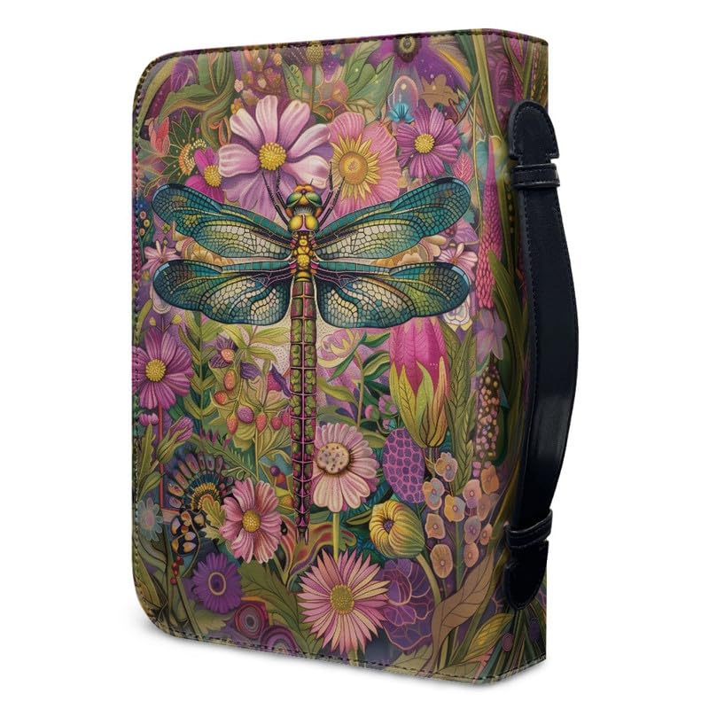 Kuiaobaty Vintage Dragonfly Flowers Book Cover for Women Folk Art Dragonflies Floral Handle Bible Case with Inside Pen Pocket,Bookish Gift - Image 2