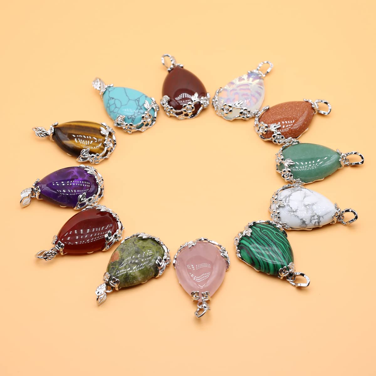 Colgantes de piedra natural, colgantes en forma de gota de agua, dijes de piedra para hacer joyas DIY, 5 unidades, Plata Piedra Ágata, Ágata 9