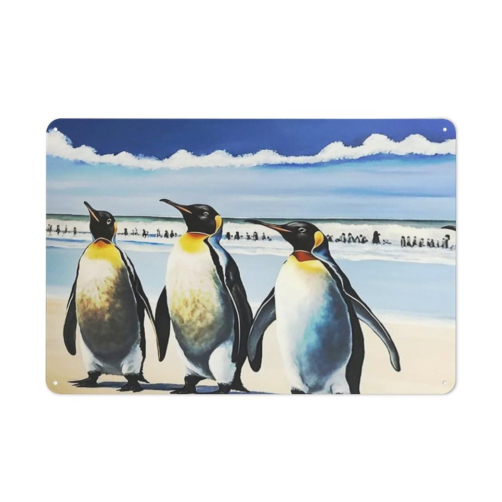 Rustic Metal Tin Sign, Penguin Beach Scenery Print, Kitchen Garden Novelty Wall Decor 12x8 Inch