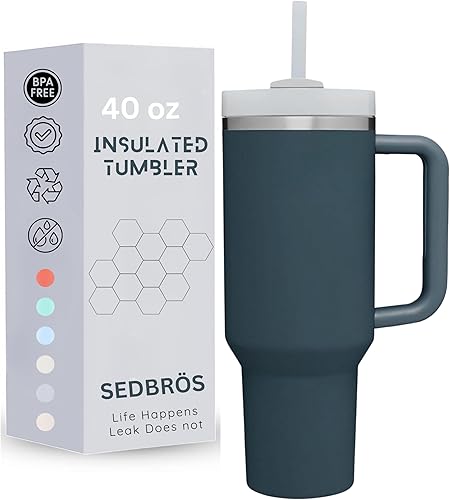 SEDBRÖS Vaso de acero inoxidable de 40 onzas con asa y pajita, taza de café de viaje con tapa, taza reutilizable aislada con tapa y pajita, vaso
