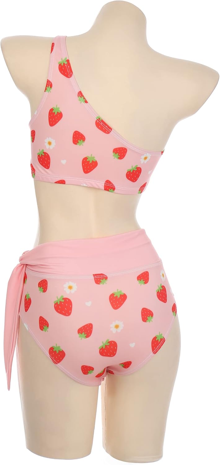 haikyuu Women Strawberry Pink One Shoulder Two Piece Swimsuit High Waisted Bikini Kawaii Cute Swimwear Bathing Suit