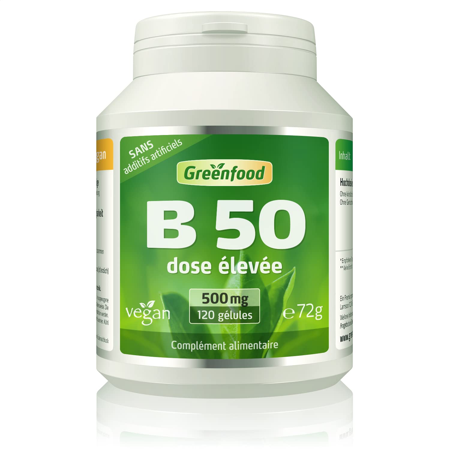 Greenfood B -Complex 50, dose élevée, gélules - toutes les vitamines du groupe B. SANS additifs artificiels. Sans OGM. Vegan.