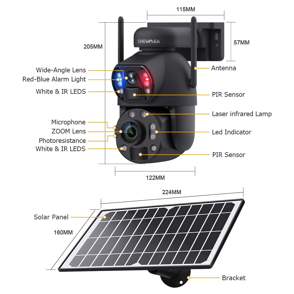 SHIWOJIA Camera 4G Solare Esterno, Fotocamera 4G Dual Obiettivo Zoom Ibrido 50X, 6MP con Visione Notturna a Colore, Rilevamento Umano PIR, Slot SD, Metallo, IP66