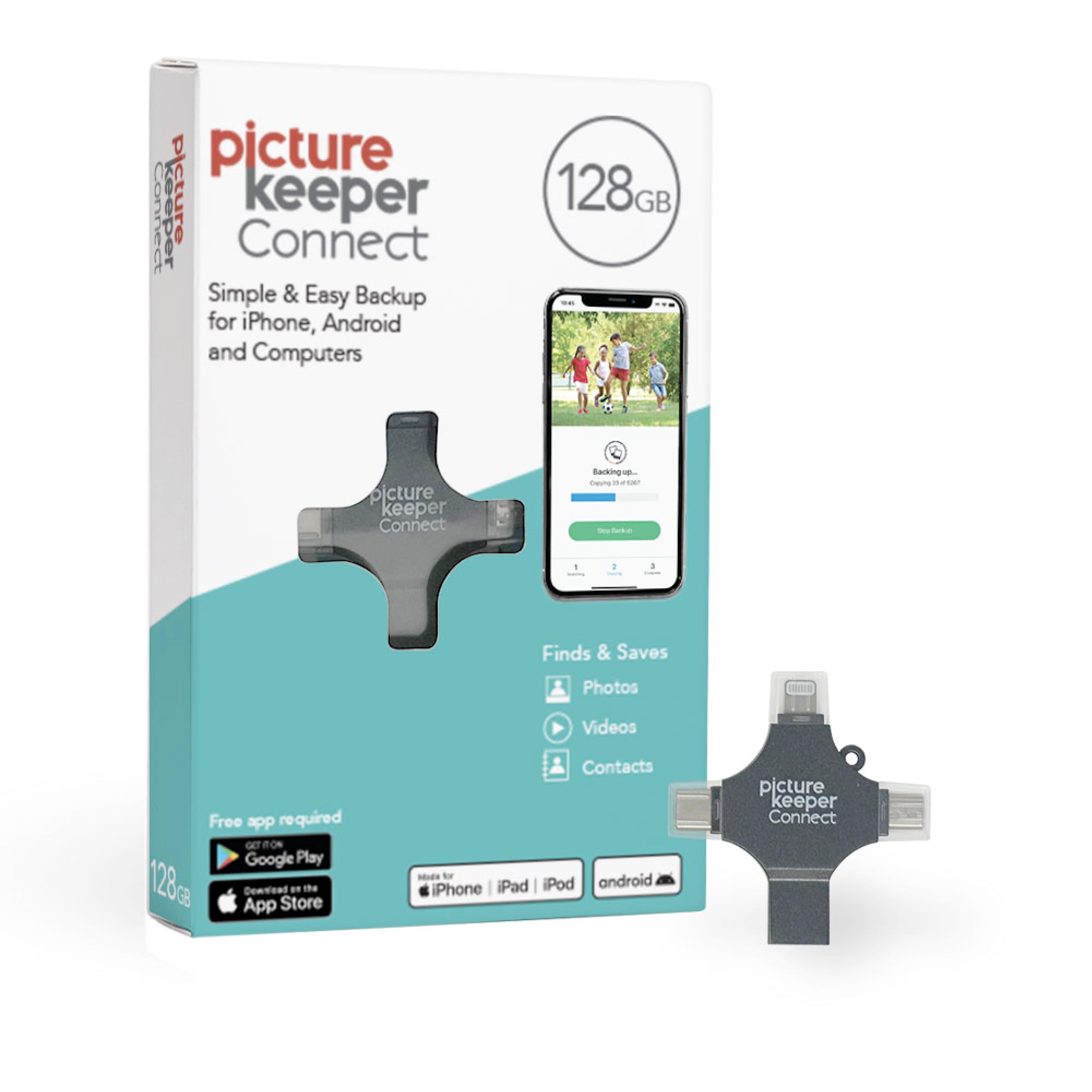 Picture Keeper Connect for iPhone, Android, USB-C, PC & Mac- 128GB USB Backup for Photos, Videos, Contacts, Flash Drive Memory Backup, External Storage Thumb Drive - 128GB, Silver