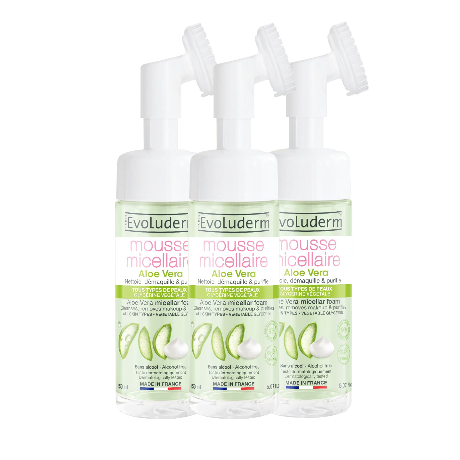 EVOLUDERM - Mousse Micellaire Aloe Vera - 150ml - 93% d'Ingrédients d'Origine Naturelle - Végan - Lot de 3 x 150ml