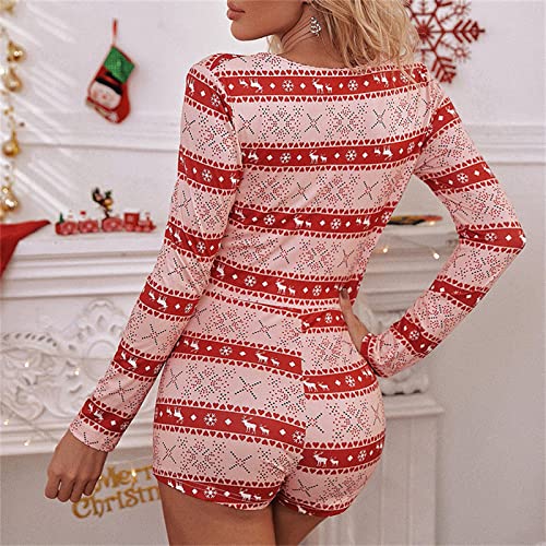 Dames Sexy Kerstprint Rompers Button Down Lange Mouwen Shorts Diepe V-hals Een Stuk Slanke Pyjama Jumpsuits Nachtkleding - Afbeelding 4