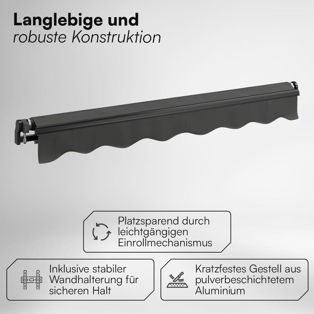 STEELSØN Kestria Markise für Balkon/Dachterrasse/Garten 200x150 cm – Gelenkarmmarkise Blickdicht & wetterfest – Außenrollo mit Kurbel aus Kunststoffgewebe – Sonnenmarkise mit Wandhalterung Anthrazit