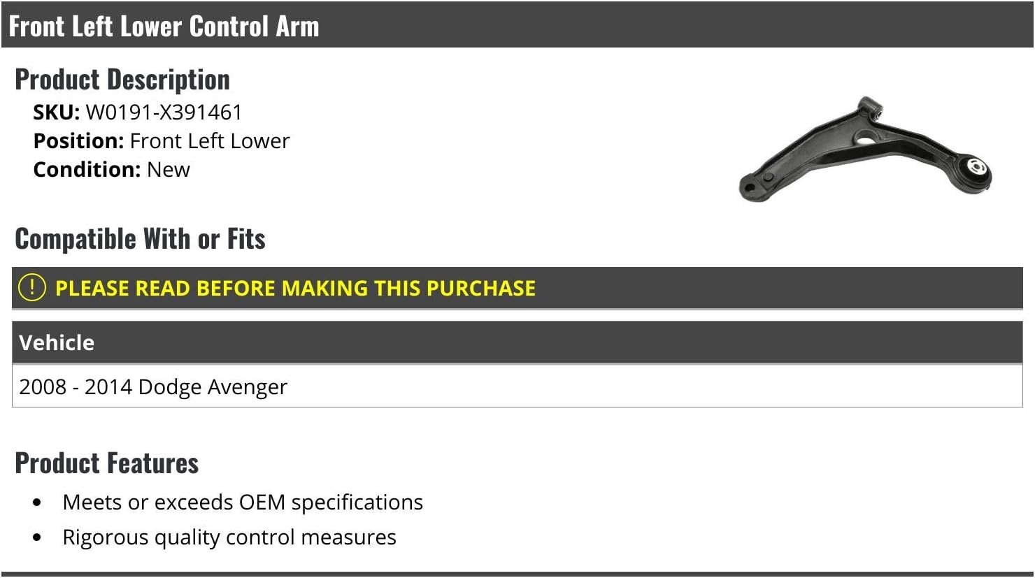 Front Left Driver Side Lower Control Arm - Compatible with 2008-2014 Dodge Avenger