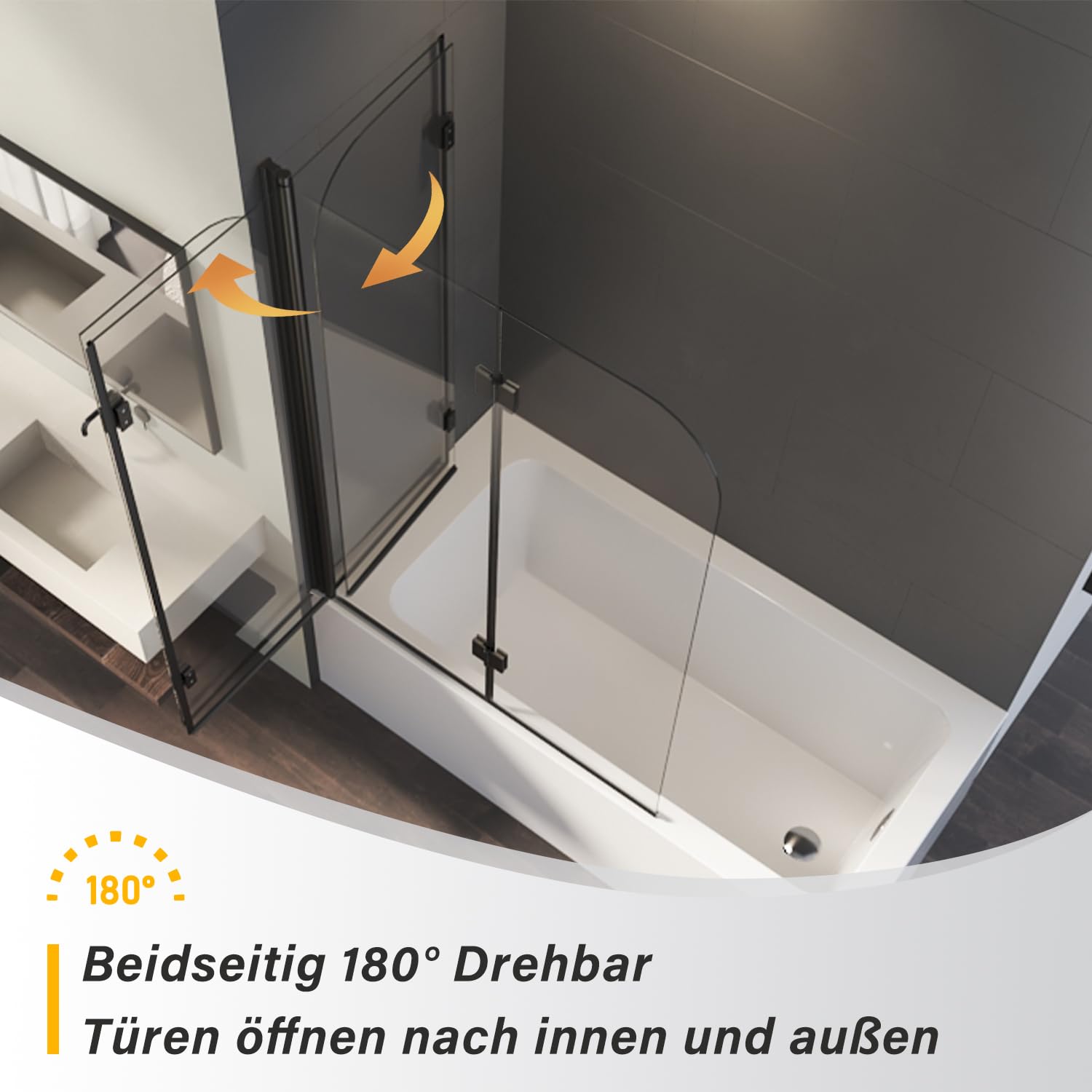 Duschwand für Badewanne 2-teilig 100x140cm Faltbar Schwarz Doppelfaltflügeltür Duschtrennwand, Trennwand Badewannenwand Sicherheitsglas Badewannenaufsatz Dusche mit 6mm Nano Glas