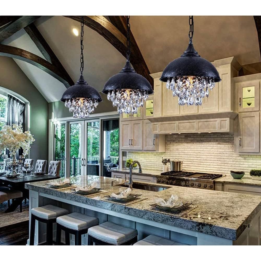 Lámparas de Cristal de Industrial, lámpara de araña con Pantalla de Metal Negra y Acabado en Bronce Negro, Luces Colgantes para Cocina, Cadena Ajustable de Luces de Cristal para decoración de