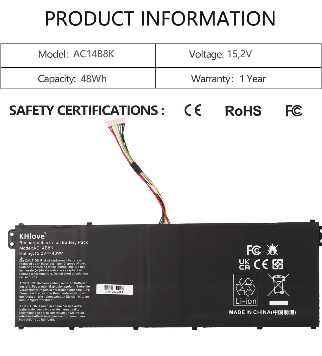 AC14B8K 4ICP5/57/80 - Batteria per PC portatile Acer Aspire R11 R3-131T R5-471T R7-372T R7-371T R5-571T E5-721 E5-731 E5-771G E5-731G ES1-5721-5721G ES1-7. 11 ES1-711G A515-51G A515-52G