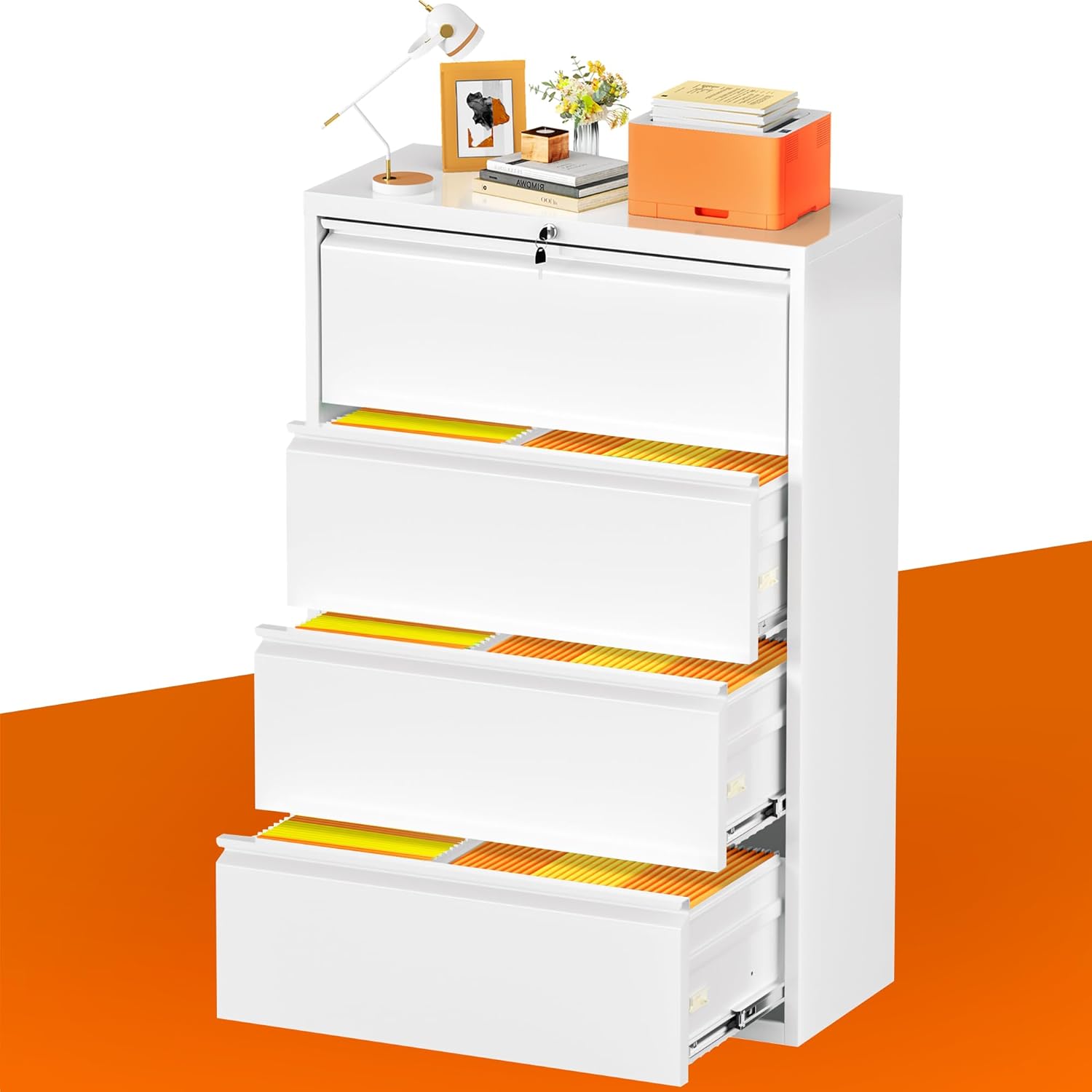 INTERGREAT 4-Drawer Lateral File Cabinet, white, with all drawers slightly open, showing files inside. A small lamp and decorative items are on top.