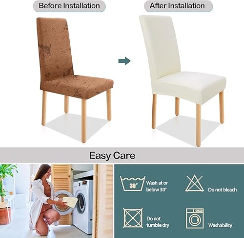 Miniatura 3 de Juego de 4 fundas impermeables para sillas de comedor de alta calidad, color beige, fundas elásticas para sillas de comedor con respaldo alto,