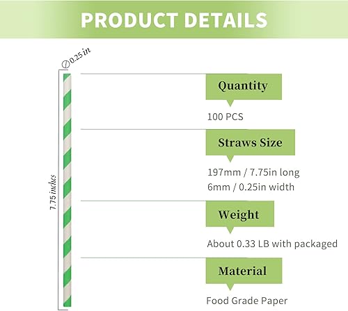Miniatura 2 de Pajitas de papel a rayas verdes, pajitas de papel biodegradables verde y blanco de 7.75 pulgadas, pajitas verdes desechables para cócteles y