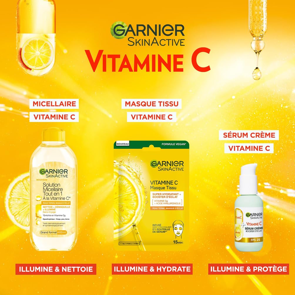 Garnier - Coffret Routine Eclat 3 Produits - Enrichie en Vitamine C - Pour les Peaux Ternes - Sérum Crème Visage (50 ml), Masque Tissu Hydratant, Eau Micellaire Tout en 1 (400 ml)