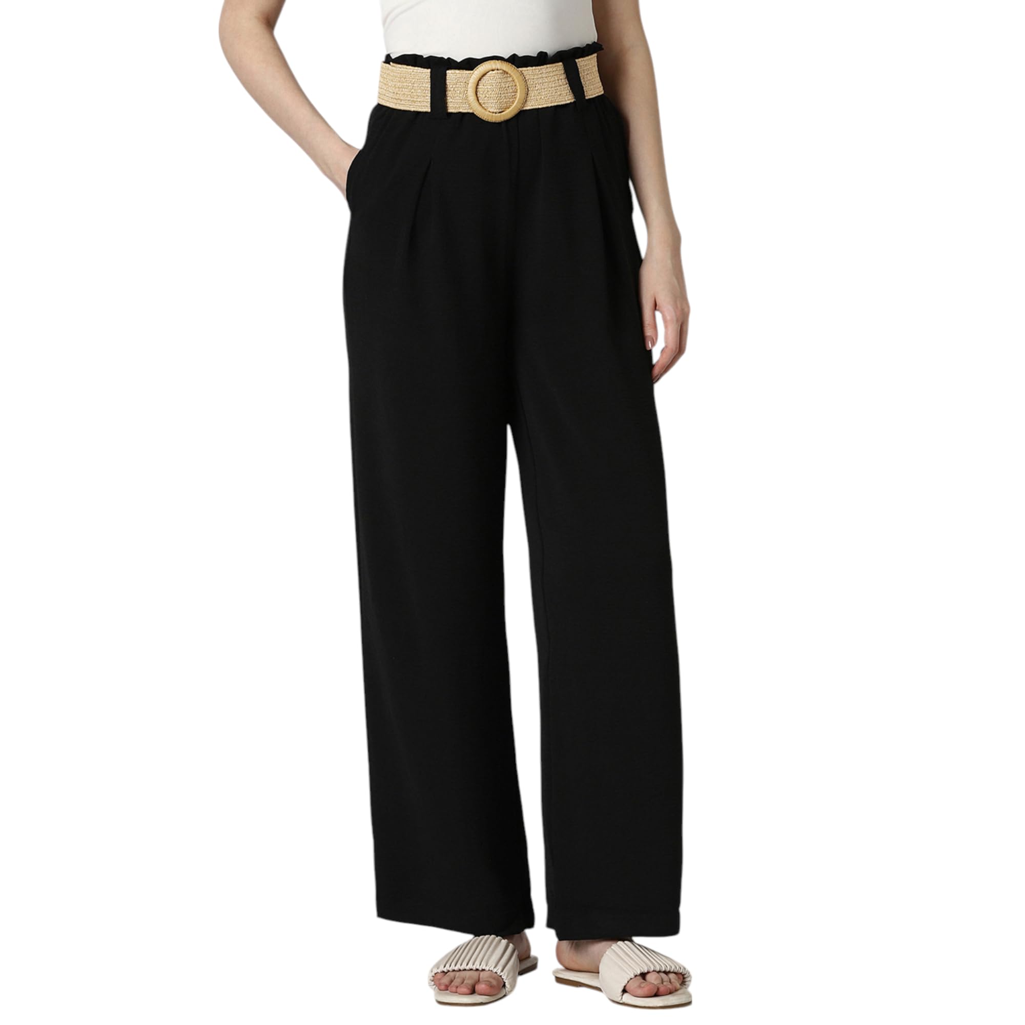 van heusen Women's Regular Fit Mid Rise Belted Casual Wide Leg Pants-picture-46