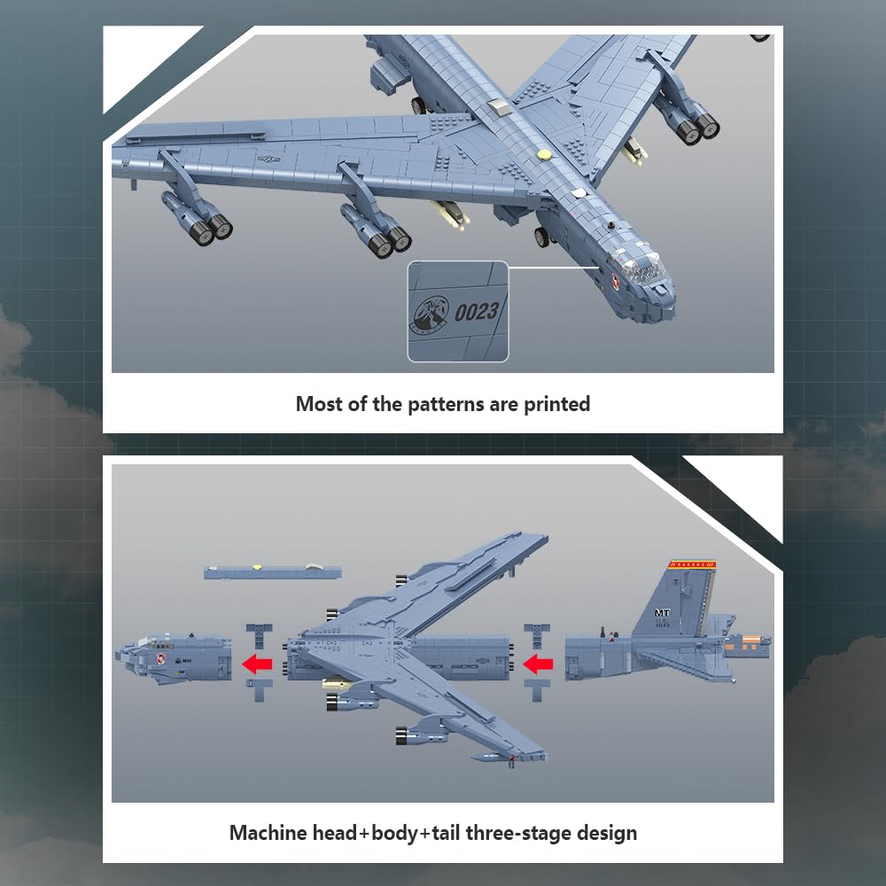 MISINI M8028 1:50 B-52H Stratofortress Bomber Klemmbausteine Bausatz, Große MOC Militärflugzeug Modell mit Stand, Sammlergrade Armee Flugzeug Geschenk für Militärfans und Erwachsene-5196 Stück