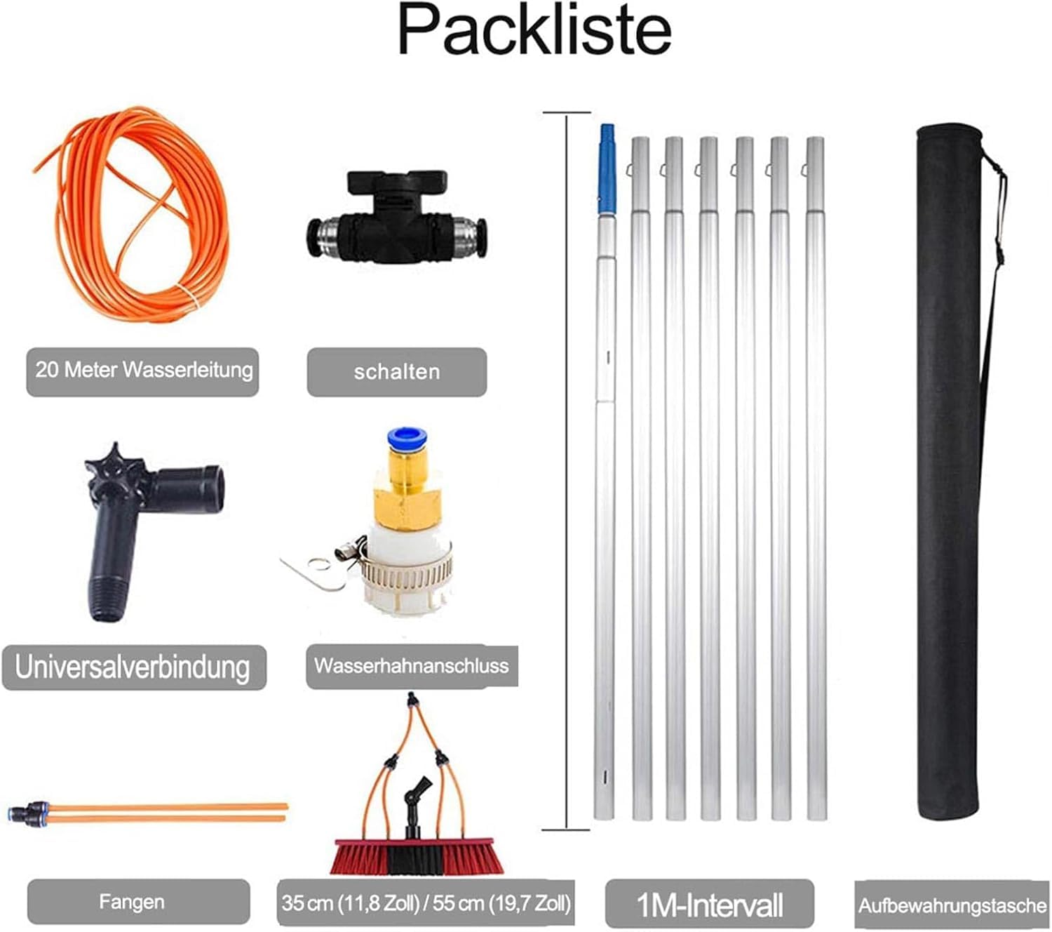 Asta Telescopica con Spazzola da 55 Cm, Asta Telescopica Portante Acqua, Pulizia Impianto Fotovoltaico, Set per La Pulizia dei Pannelli Solari, Strumento per Il Lavaggio All'aperto, Aste, 9m