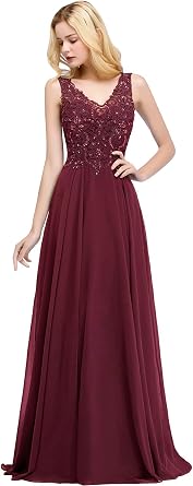 Lace Appliques Chiffon Bridesmaid Dresses Long V Neck A Line Formal Dress Evening Gown for Women