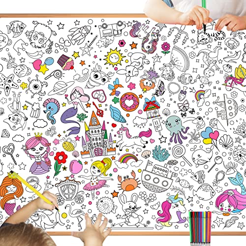 HOWAF Nappe à Colorier Licorne Géante pour Enfants - Poster avec Feutres de Coloriage, Papier Sirène Princesse - Table à Colorier pour Filles Garçons Anniversaire