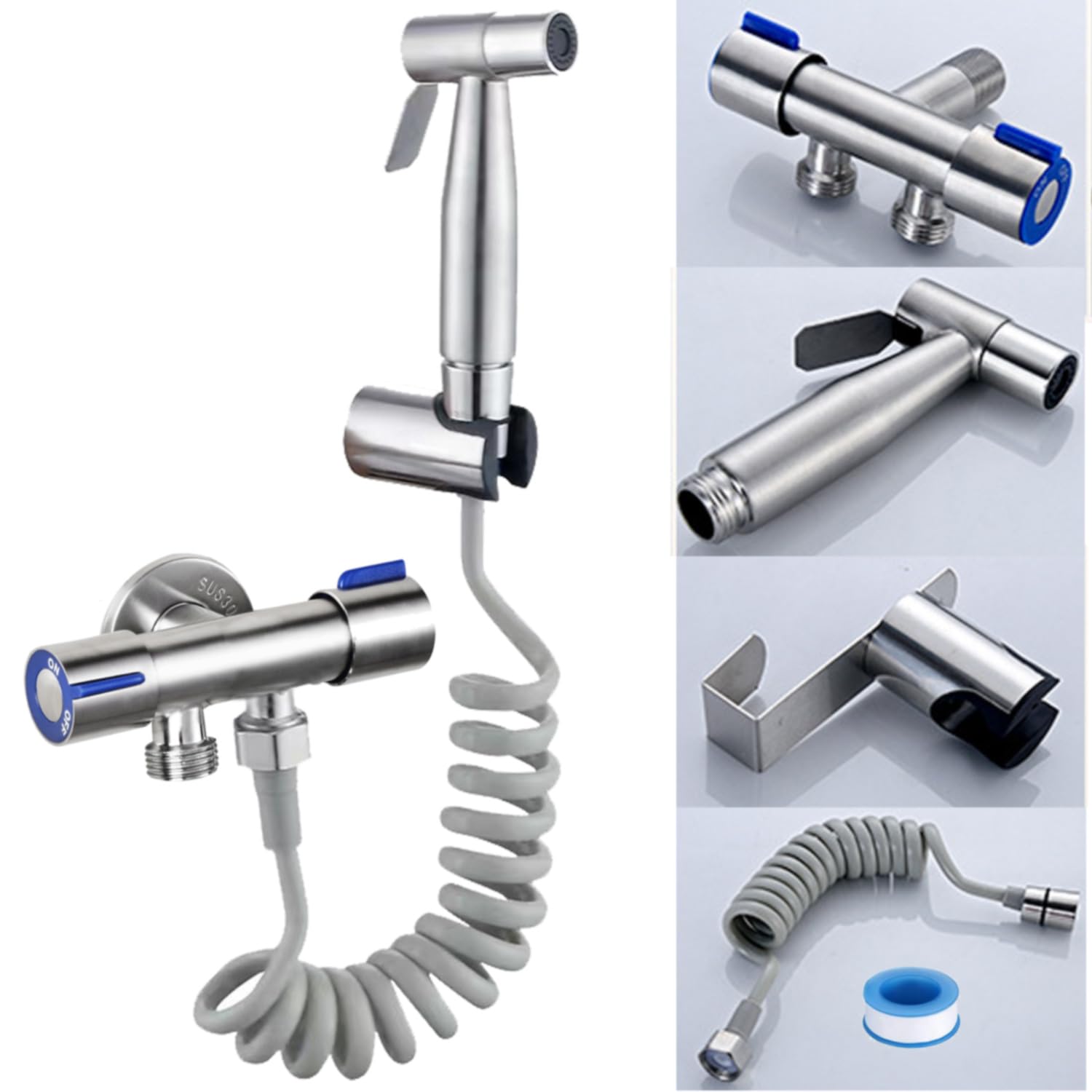 Kit Douchette WC Kit Complet avec Douchette et Robinet WC 3 voies et Tuyau Toilette Kit hygiene (douchette intime, Flexible WC et Pulvérisateur de bidet en Acier Inox), Bidet Toilette