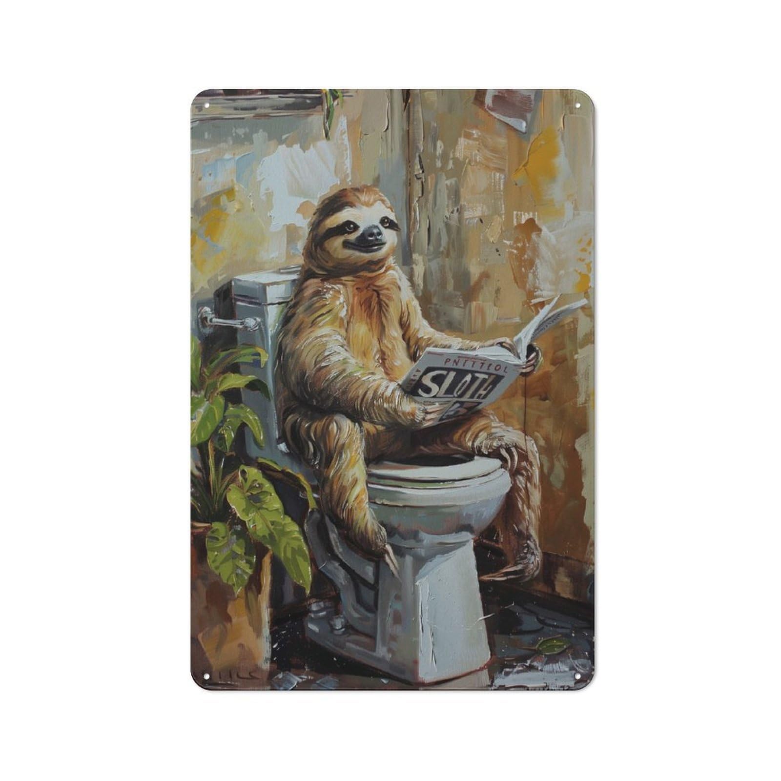 Junmoney Sloth On Toilet Reading 30X20cm Retro Tin Sign With For Living Room Or Hallway, A Decorative Metal Sign For Living Rooms And Hallways